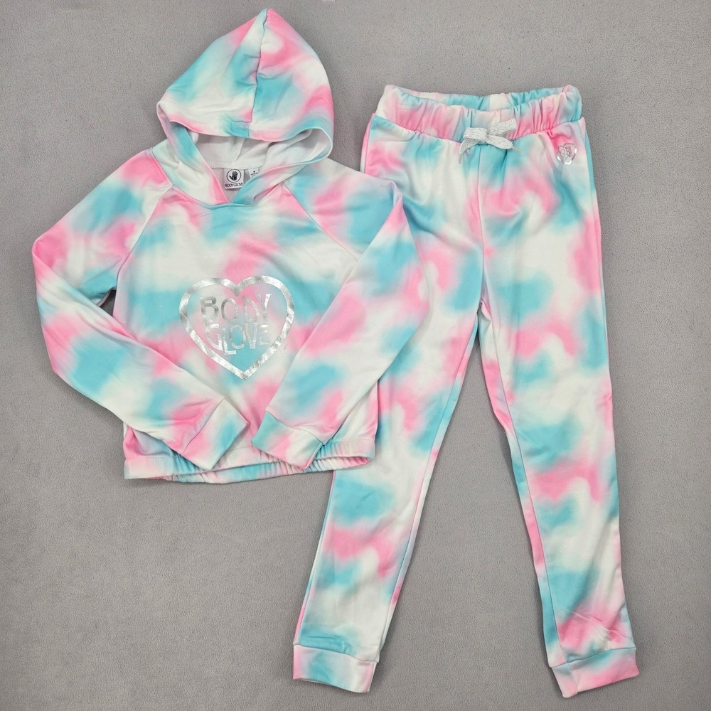 Body Glove Girls Size 8 Hoodie Joggers Set Pink Blue Tie Dye Metallic Heart